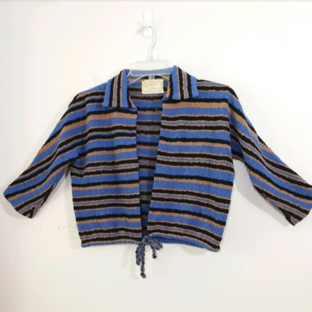 Vintage 70s cropped hand knit striped tie cardigan